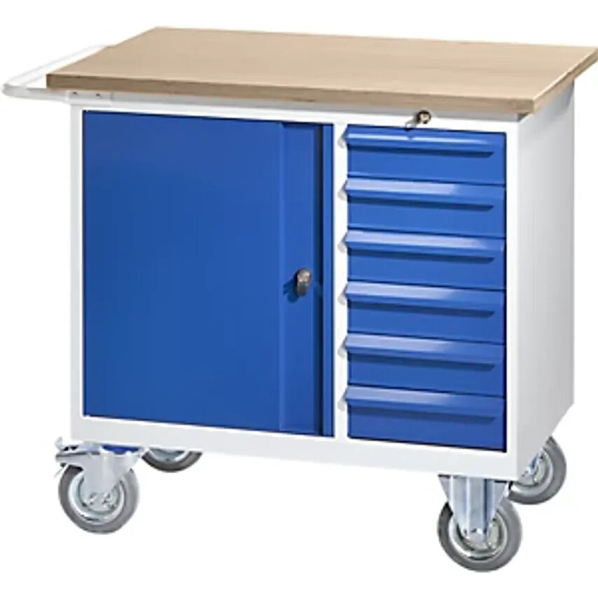 EUROKRAFTpro Compact Workbench, Mobile, With 6 Drawers, 1 Door, WxD 950 X 590mm