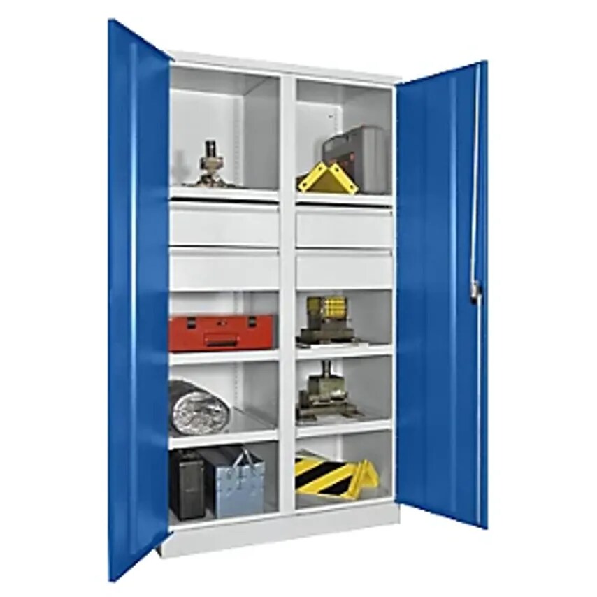PAVOY Heavy Duty Cupboard, Height 1950mm, 6 Shelves, 4 Drawers, Grey/Blue