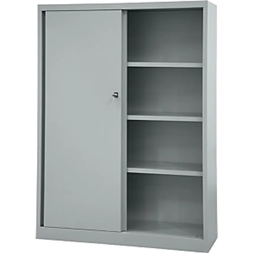 Bisley ECO Sliding Door Cupboard, 3 Shelves, 4 File Heights, Silver