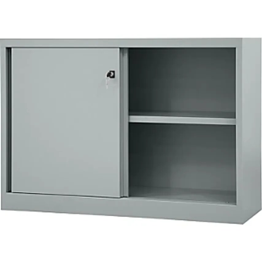 Bisley ECO Sliding Door Cupboard, 1 Shelf, 2 File Heights, Light Grey