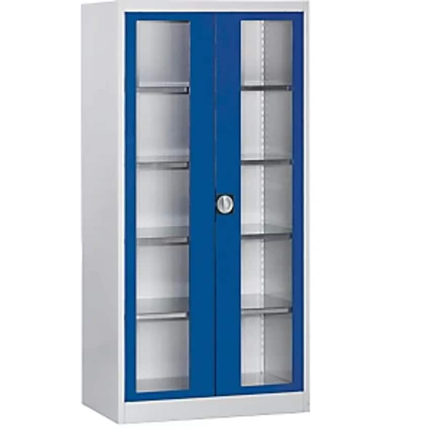 MAUSER Vision Panel Double Door Cupboard - With 4 Shelves - Depth 600mm, Light G