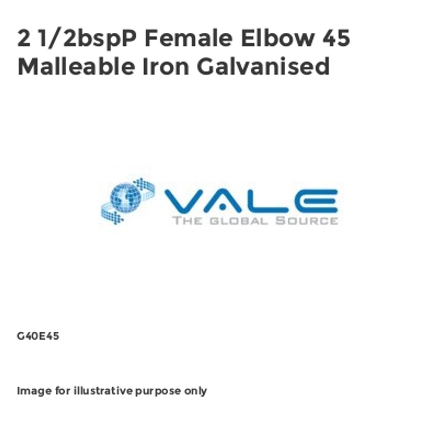 Vale 2 1/2bspP Female Elbow 45 Malleable Iron Galvanised G40E45