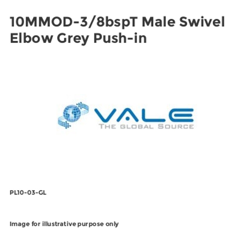 Vale 10MMOD-3/8bspT Male Swivel Elbow Grey Push-in PL10-03-GL