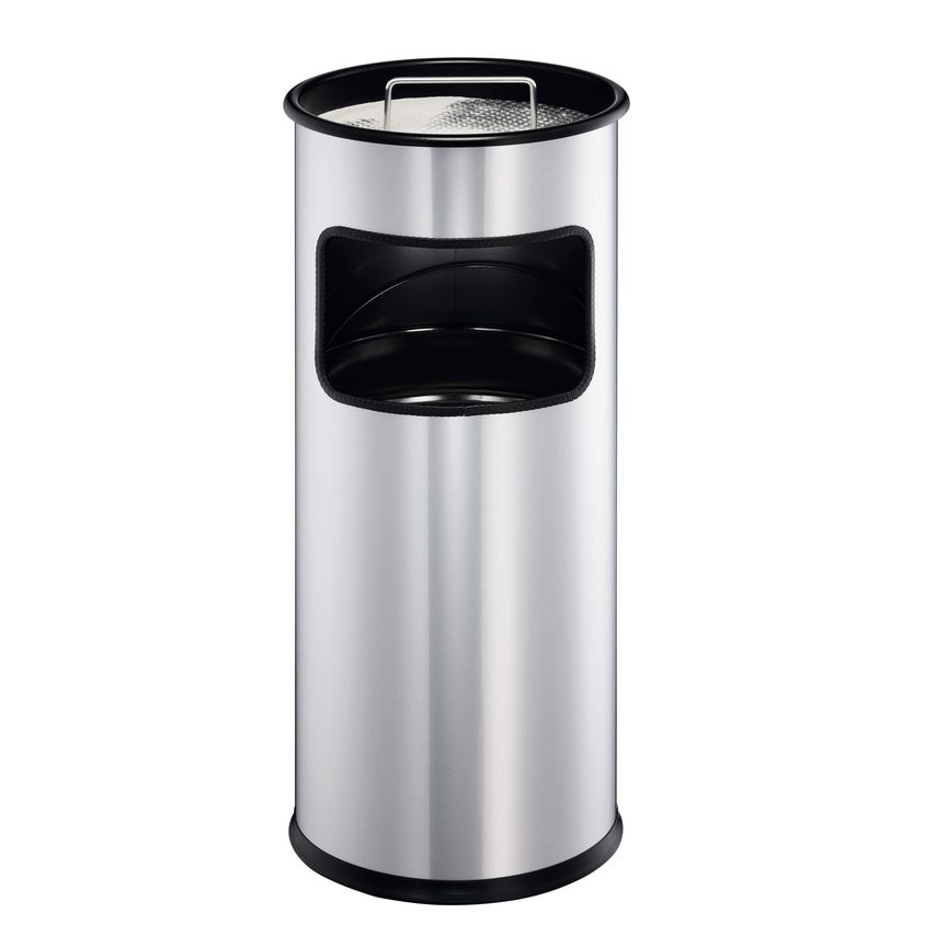 Durable Round Metal Waste Bin with Integrated Sand Ashtray, 17L, Silver