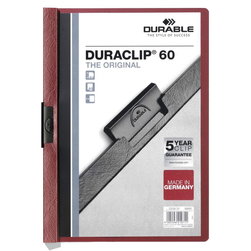 Durable Duraclip 60 Sheet Document Clip File Folder, 25 Pack, A4 Dark Red