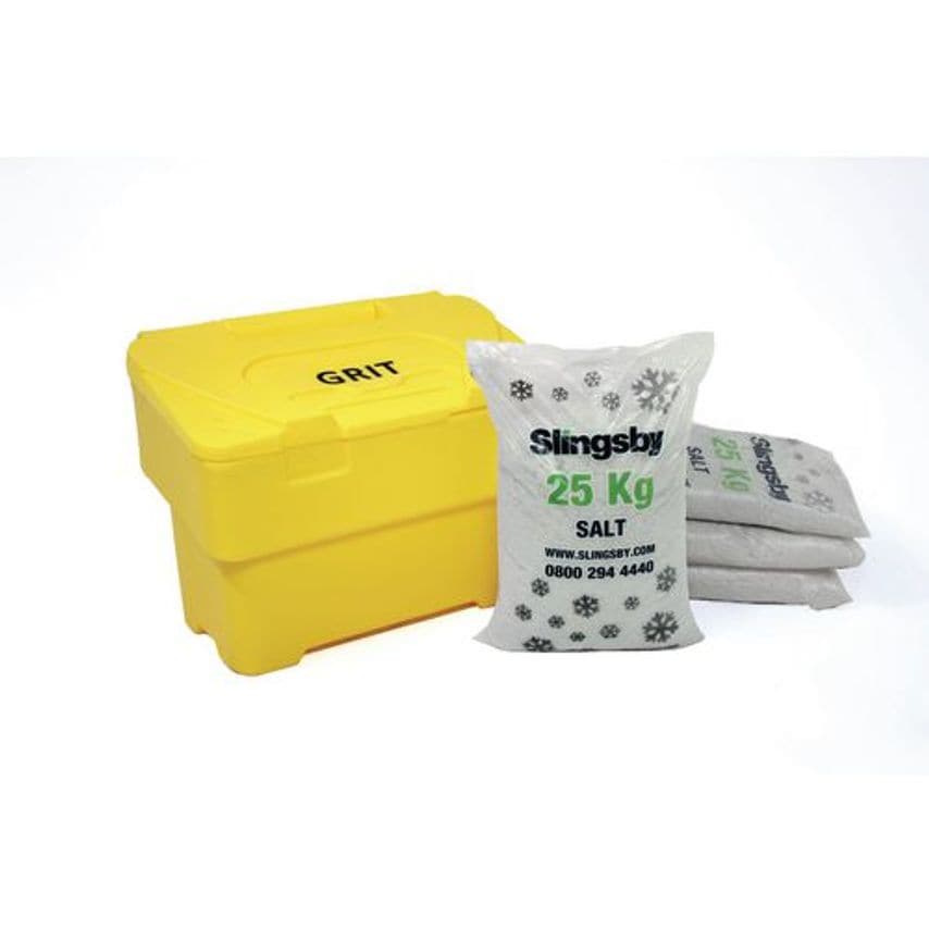 Slingsby 115l Yellow Grit Bin + 4 Bags 25KG White De-Icing Salt