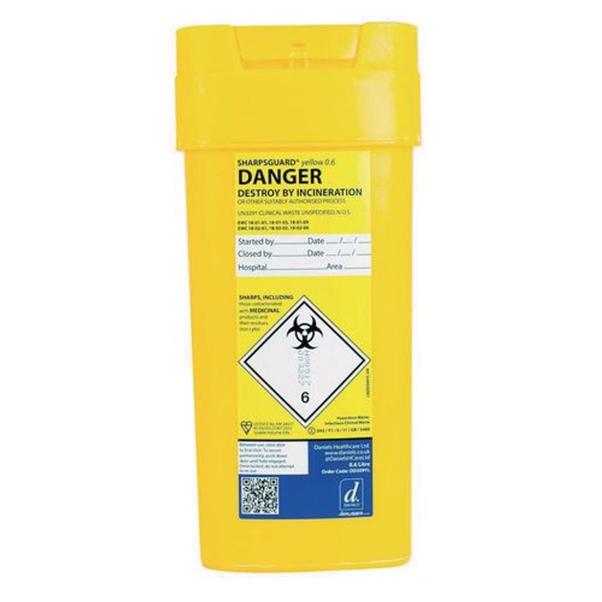 Slingsby Sharpsguard Disposal Bin Yellow Lid - 0.6LT
