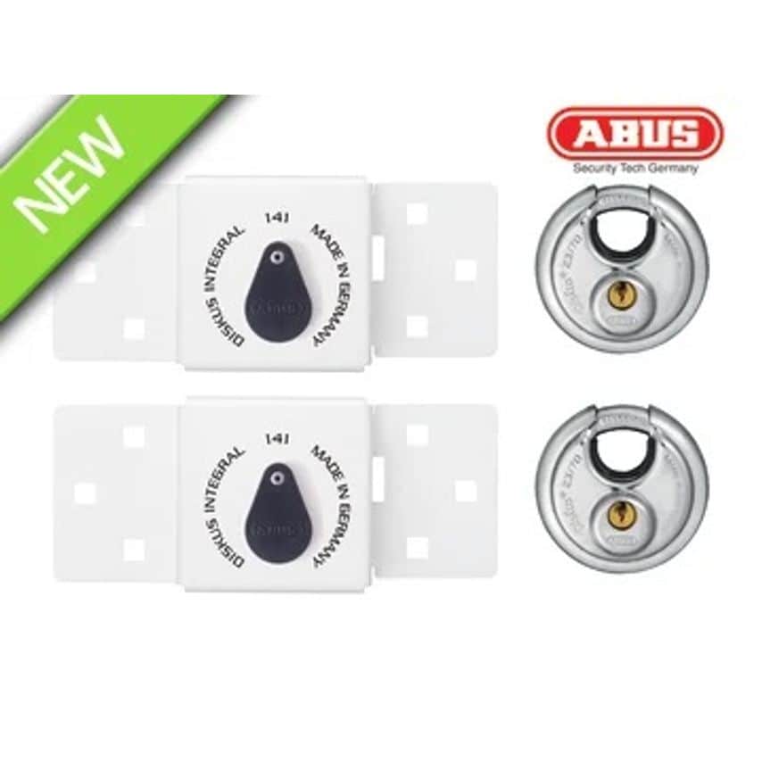 Abus 141/200 Diskus Integral Van Lock White & 26/70mm Diskus Padlock Twin Pack
