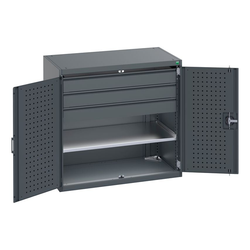 cubio Cupboard With Perfo Doors, 1 Shelf, 3 Drawers. WxDxH 1050x650x1000mm. Ral