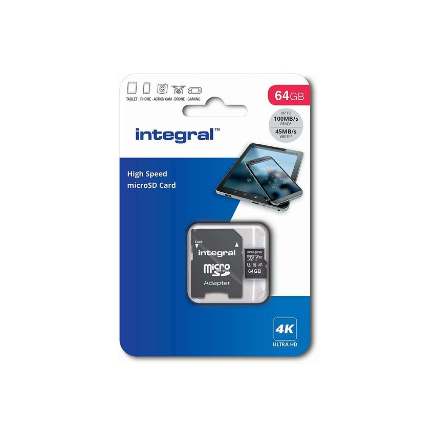 Integral 64GB High Speed V30 Uhs-I U3 MicroSDHC/XC Memory Card with Adapter