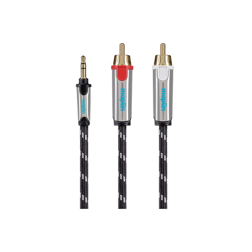 Maplin Pro 3.5mm Aux Stereo 3 Pole Jack Plug To Twin Rca Phono Braided Cable - B