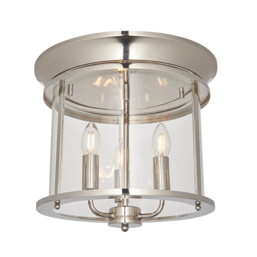 Endon Hampworth Round Ceiling 3 Candle Lantern Bright Nickel, Clear Glass Shade