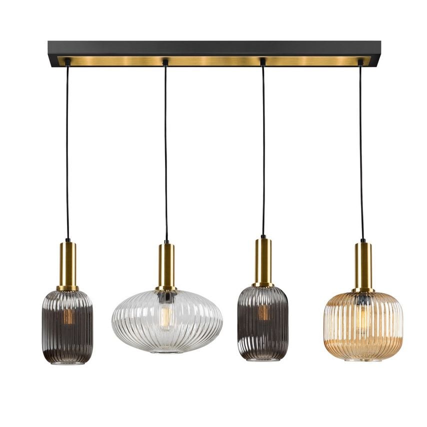 Schuller Norma 4 Light Bar Pendant Ceiling Light Black, Brass, 3 Crystal Shades,