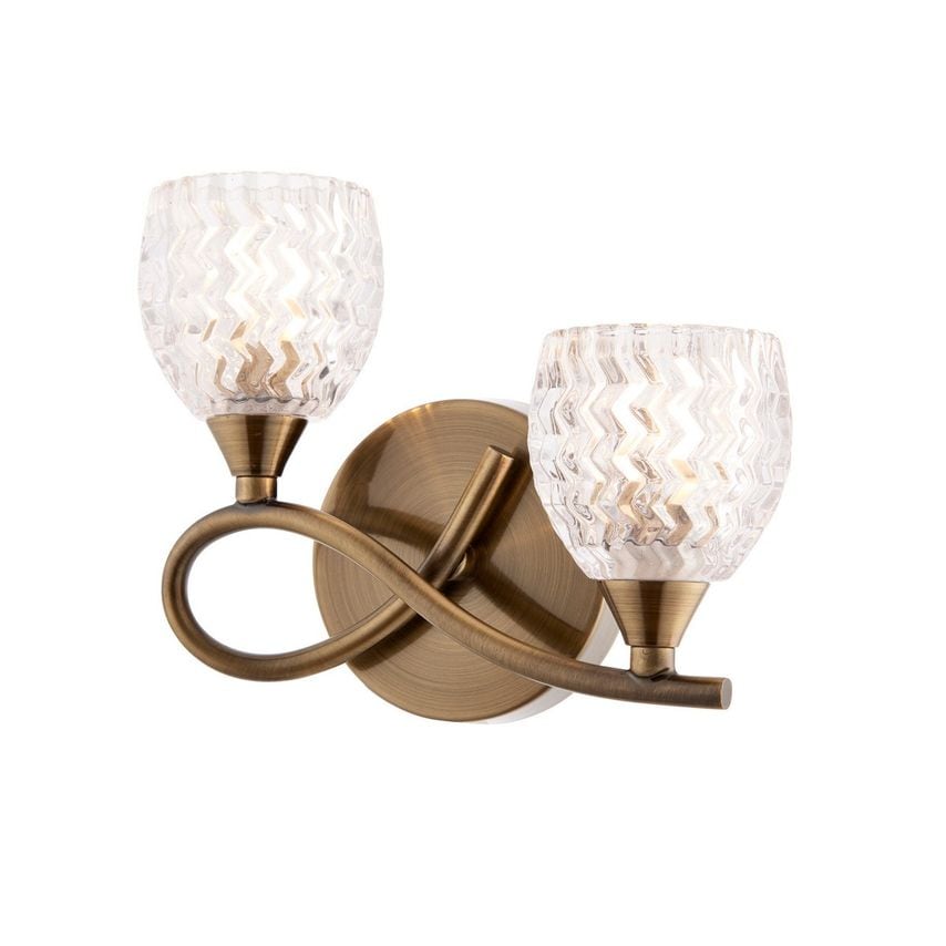 Endon Boyer 2 Light Indoor Wall Light Antique Brass with Glass, G9