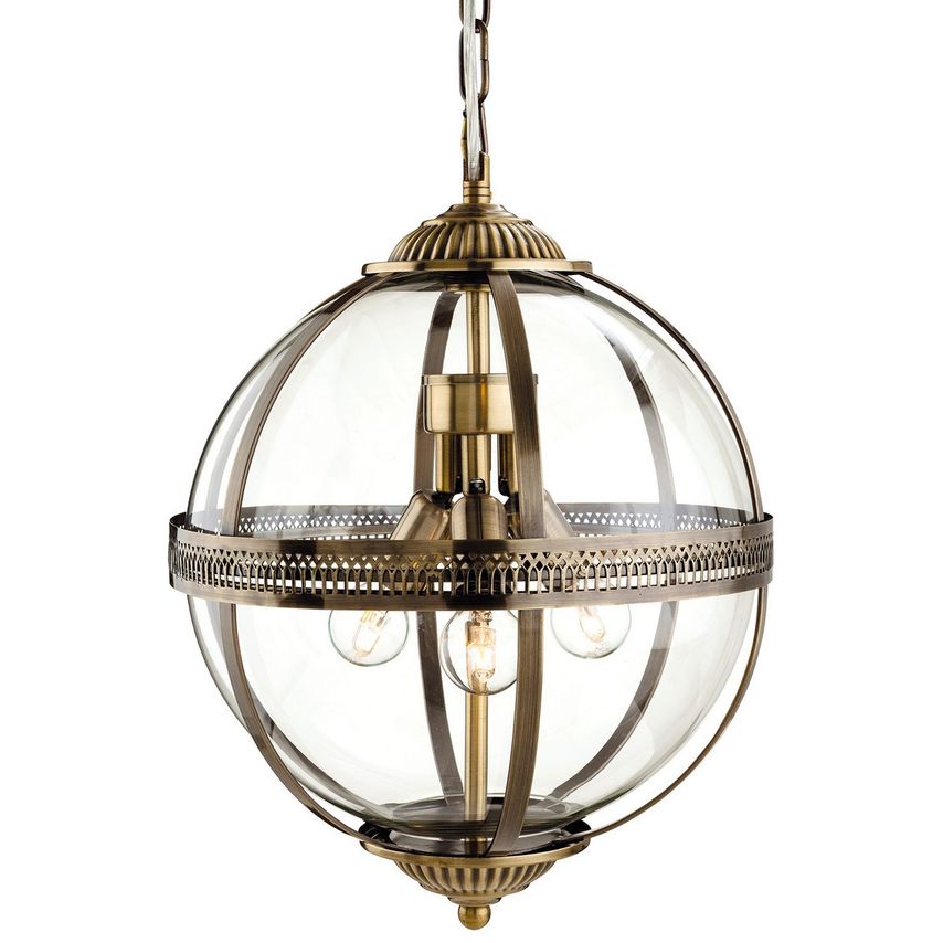 Firstlight Mayfair 3 Light Spherical Ceiling Pendant Antique Brass, Clear Glass,