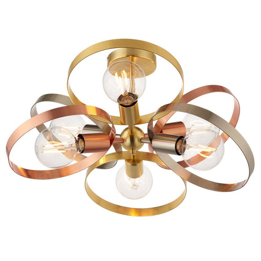 Endon Hoop Multi Arm Semi Flush Ceiling Light Satin Brass, Brushed Copper Plate