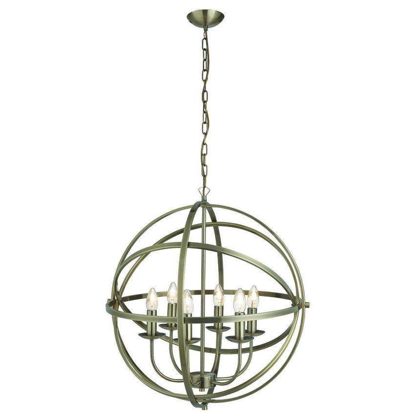 Searchlight Lighting Orbit 6 Light Spherical Cage Ceiling Pendant Antique Brass,
