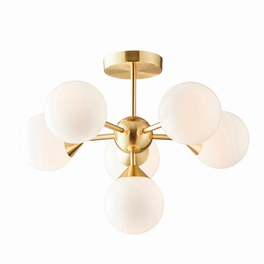 Endon Oscar Semi Flush Satin Brushed Gold Effect Plate & Gloss White Glass 6 Lig