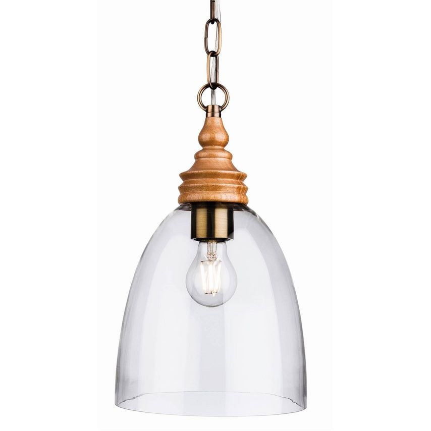 Firstlight Comet 1 Light Dome Ceiling Pendant Natural Wood with Clear Glass, E27