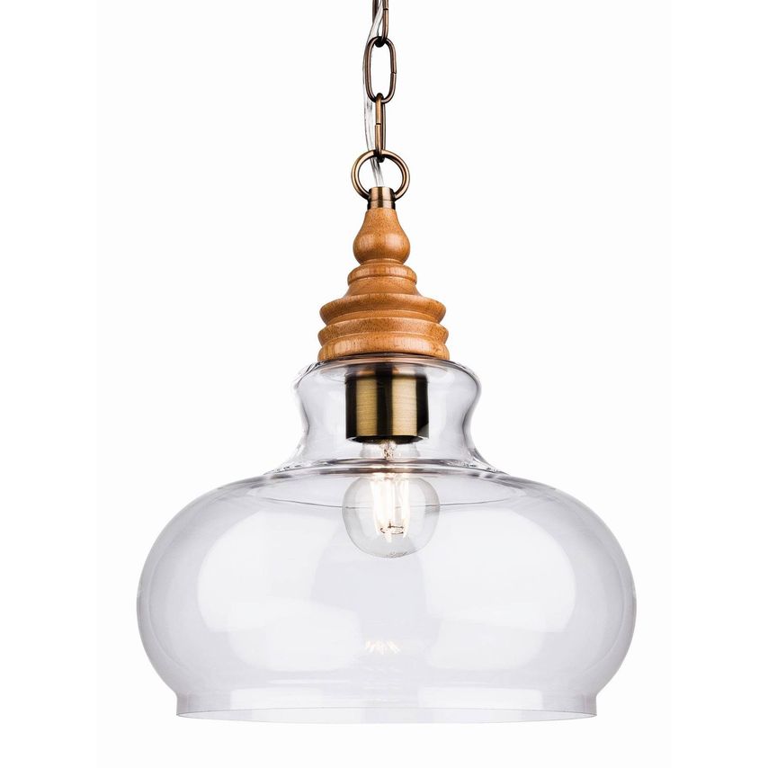 Firstlight Comet 1 Light Dome Ceiling Pendant Natural Wood with Clear Glass, E27