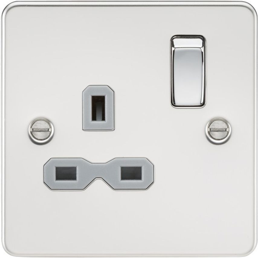 Knightsbridge Flat Plate 13A DP Switched Socket - Polished Chrome with Grey Insert