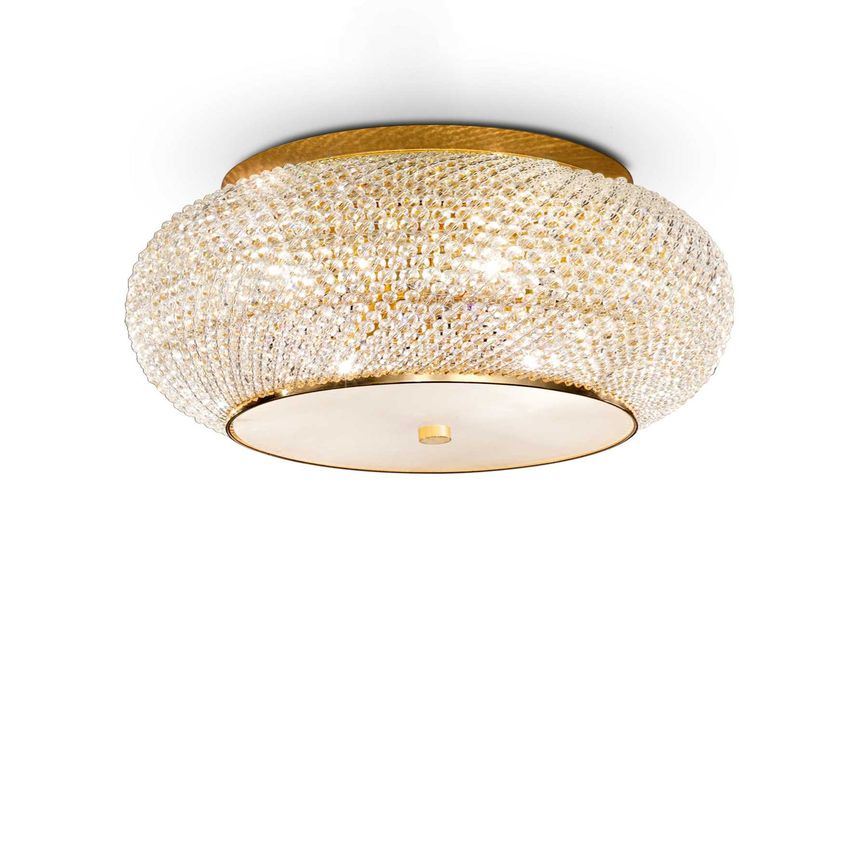 Ideal Lux Lighting Pasha 10 Light Ceiling Flush Light Gold with Crystals, E14