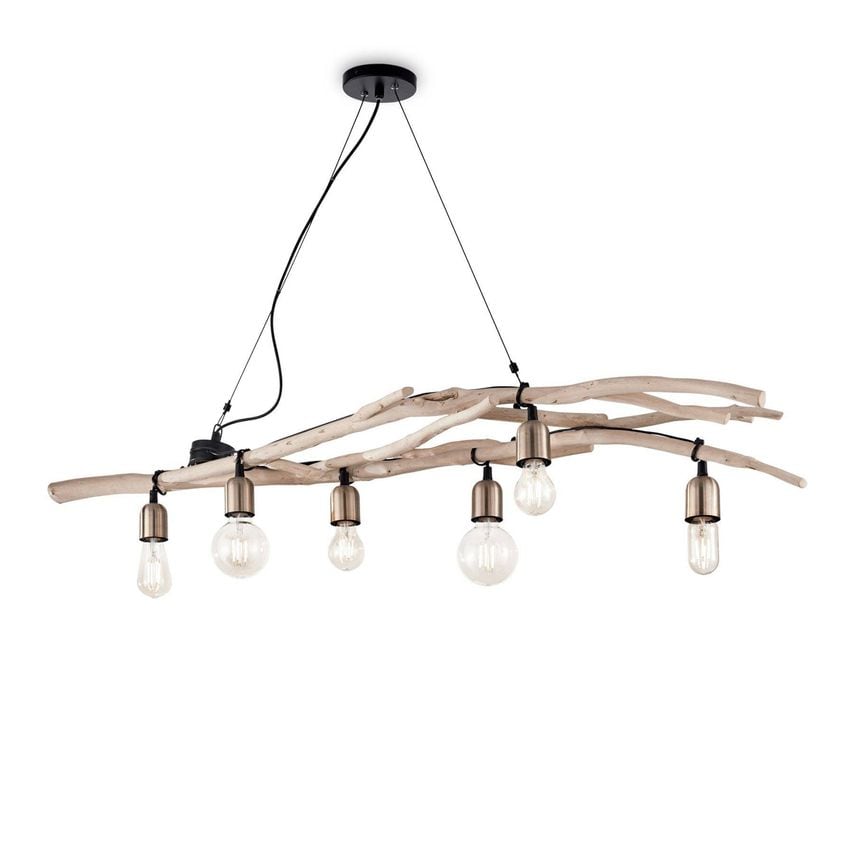 Ideal Lux Lighting Driftwood 6 Light Pendant Bar Light Wood, E27