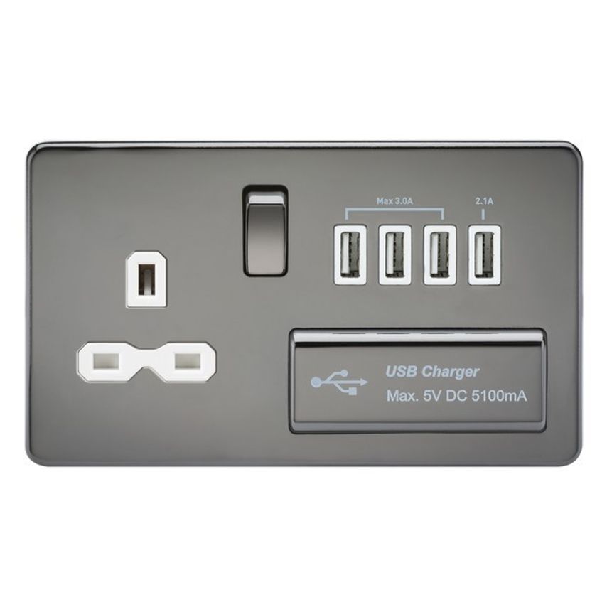 Knightsbridge Screwless 13A Switched Sockets with Quad USB Charger