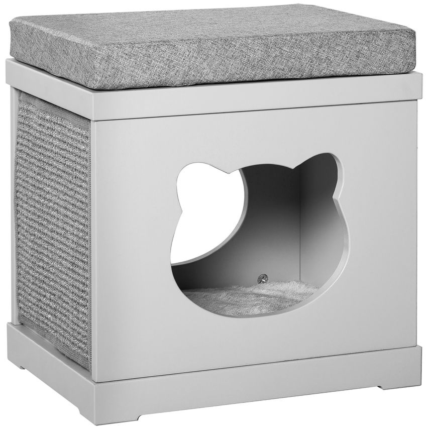 Cat House Bed Kitten Cave Cube Indoor W/Soft Cushion Sisal Scratching Pad, Grey