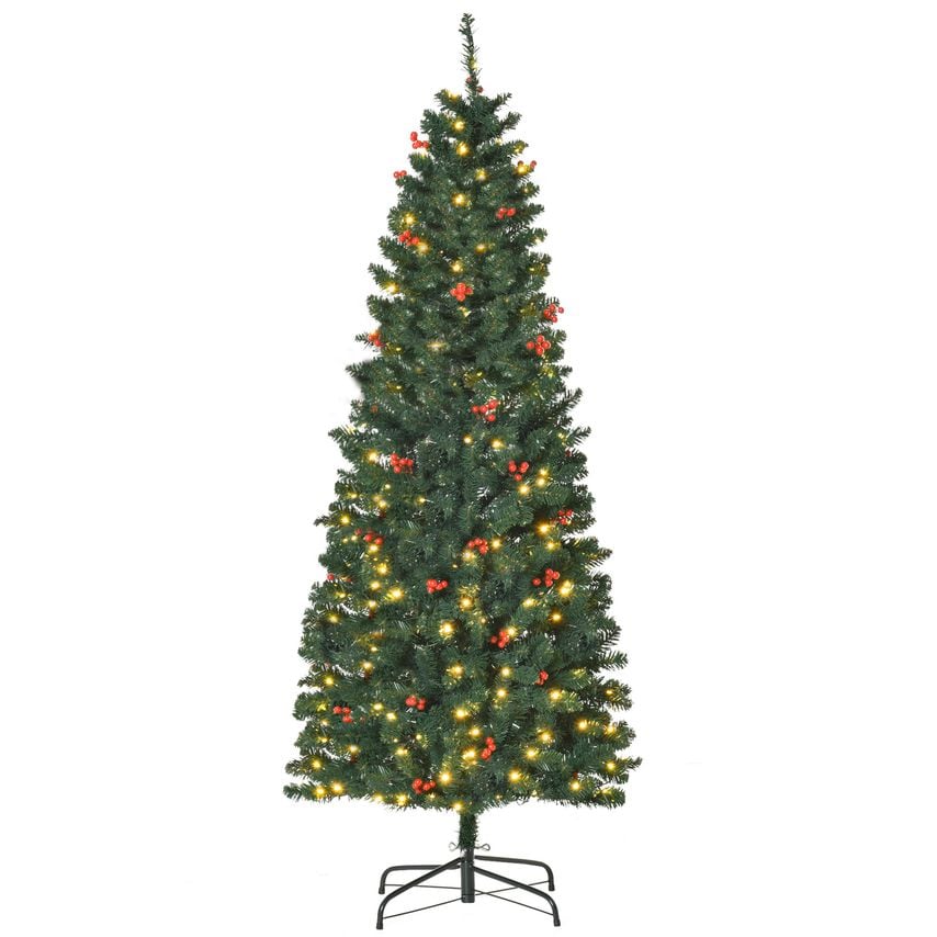 HOMCOM 6FT Prelit Artificial Pencil Christmas Tree w/LED Light, Berry, Xmas Deco