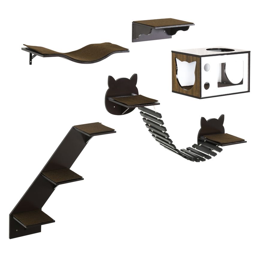 PawHut 5 Piece Cat Wall Shelves with Curved Platform, Cat House, Bridge, Stairs