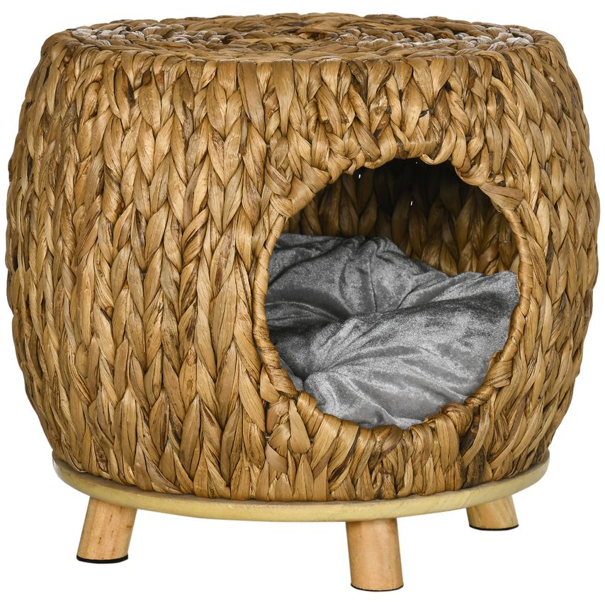 Rattan Cat House Stool, Wicker Kitten Bed for Outdoors and Indoors W/Cushion