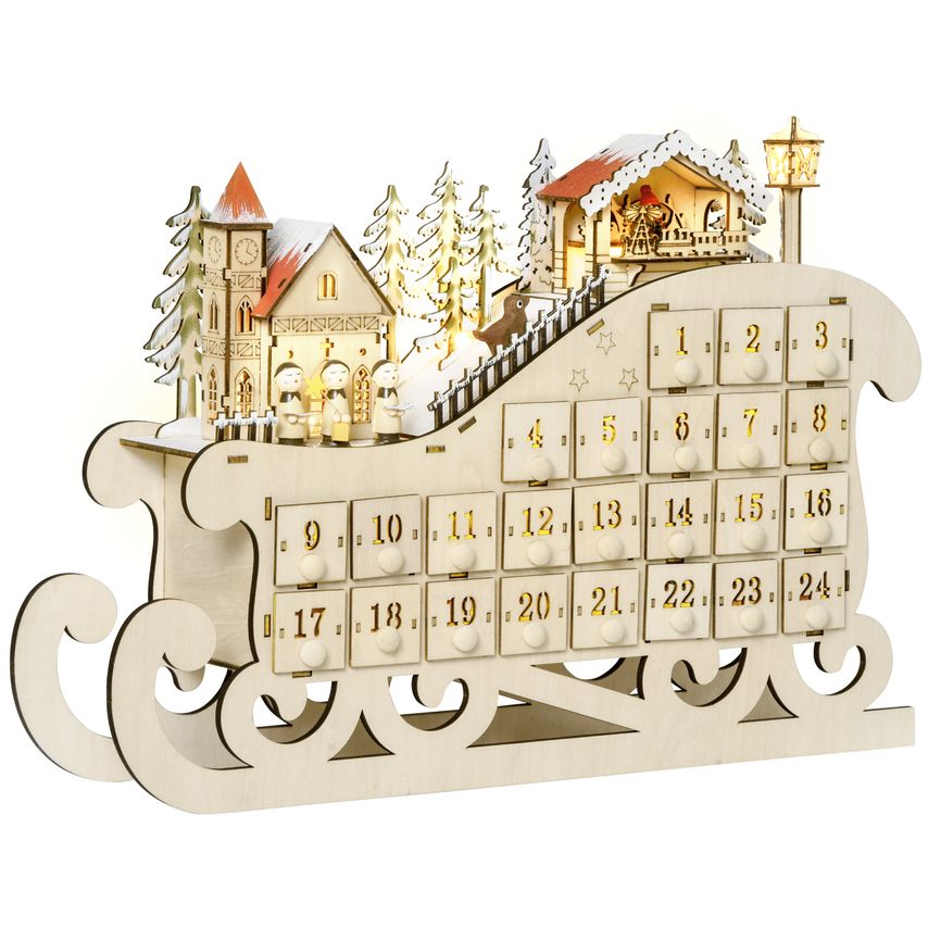 HOMCOM Christmas Advent Calendar, Light Up Wooden Sleigh W/Countdown Drawer, Vil