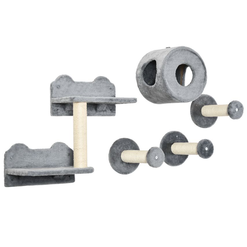 5 Pieces Cat Wall Furniture with Perch, Cat Condo, Scratching Post - Grey