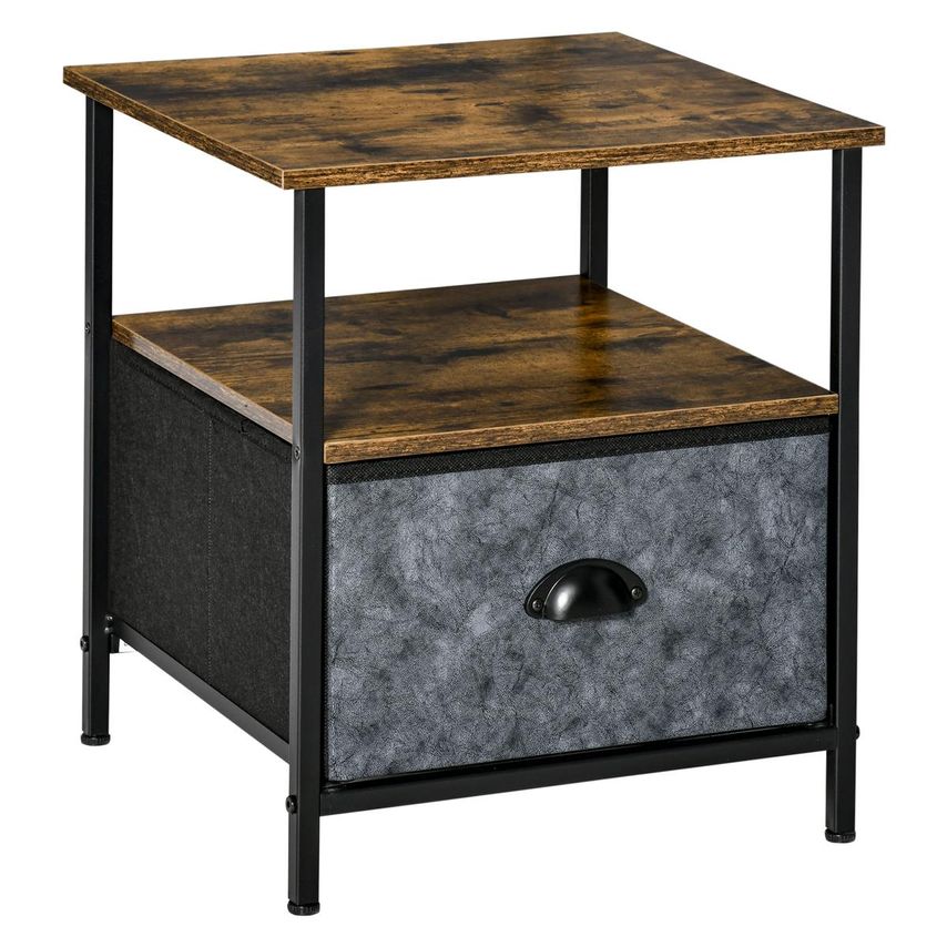 HOMCOM Side Table Industrial Nightstand End Table W/Drawer Steel Frame Rustic Br