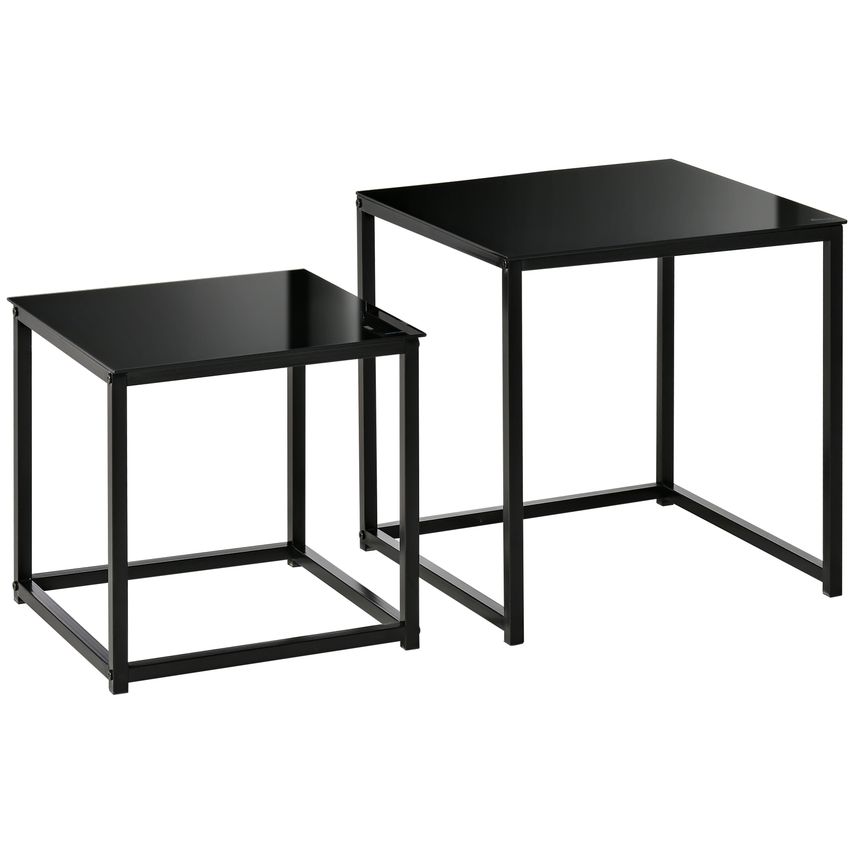 Nest of 2 Side Tables Set of Bedside Tables w/Tempered Glass Desktop Black