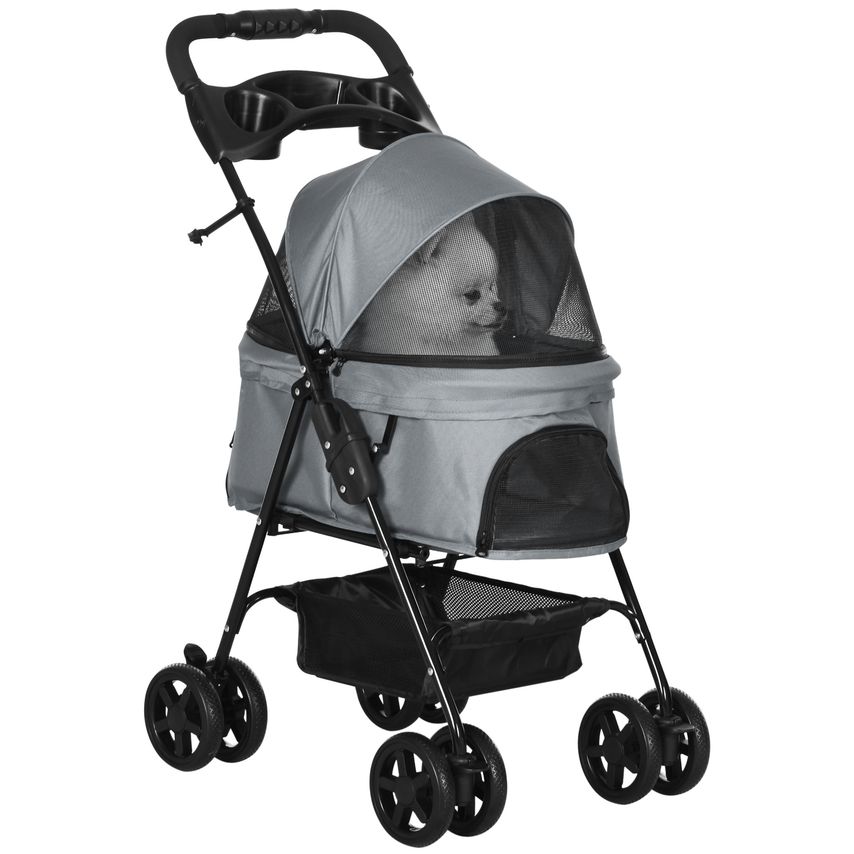 Pet Stroller No-Zip Foldable Travel Carriage with Brake and Adjustable Canopy