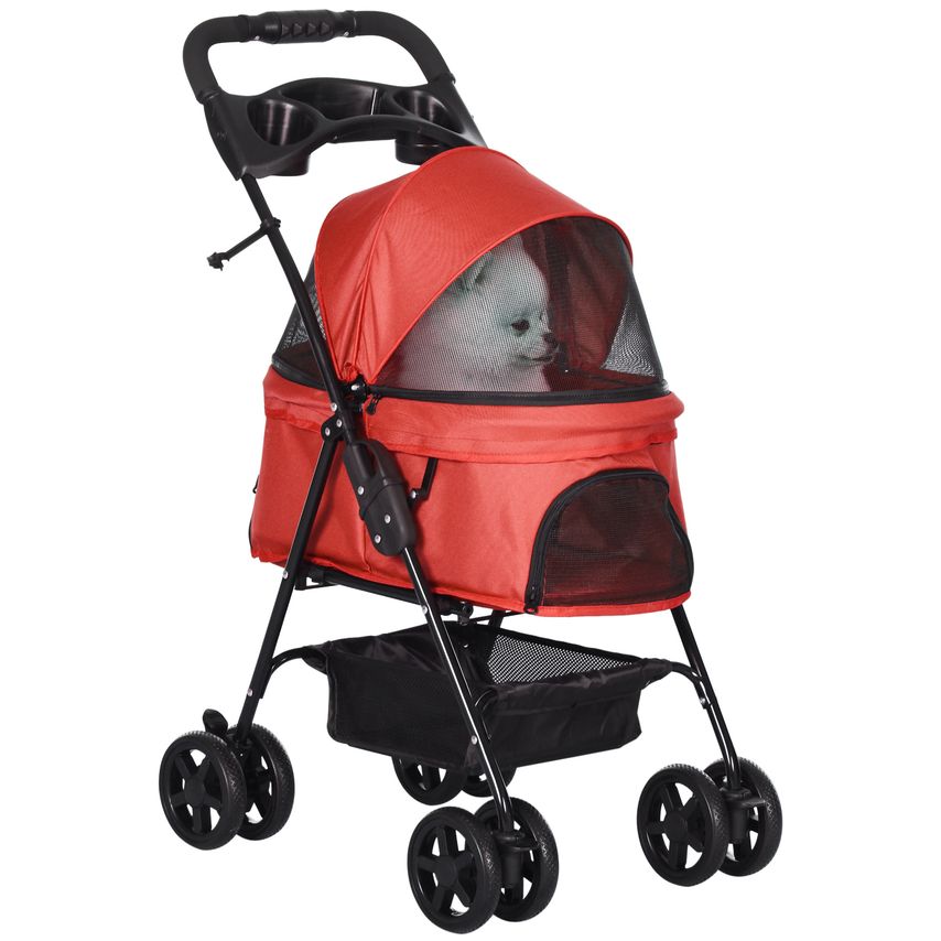 Pet Stroller No-Zip Foldable Travel Carriage with Brake and Adjustable Canopy