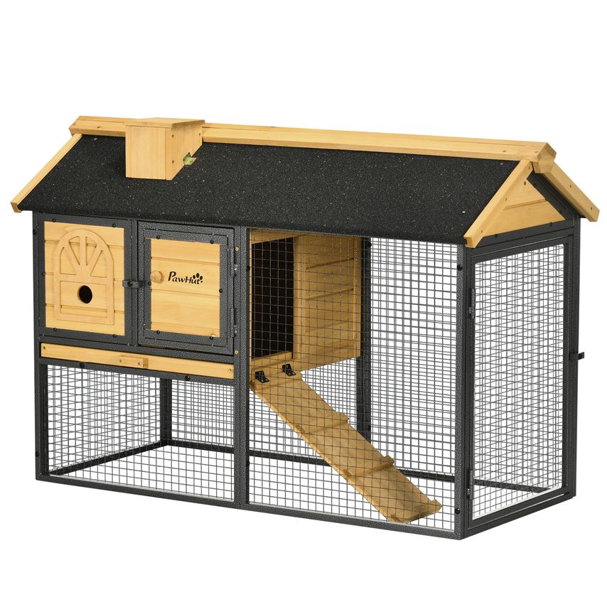 PawHut Rabbit Cage Outdoor Bunny Hutch w/Run, Removable Tray, Ramp, 120 X 55.5 X