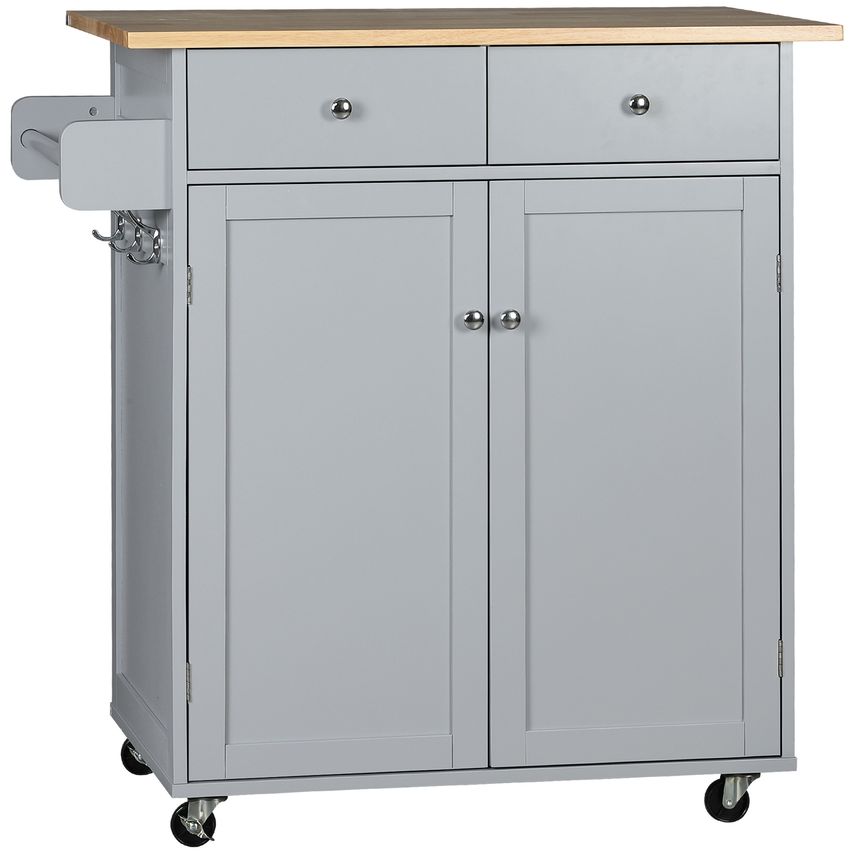 HOMCOM Rolling Kitchen Cart with Rubber Wood Top, Towel Rack, Hooks and Drawers