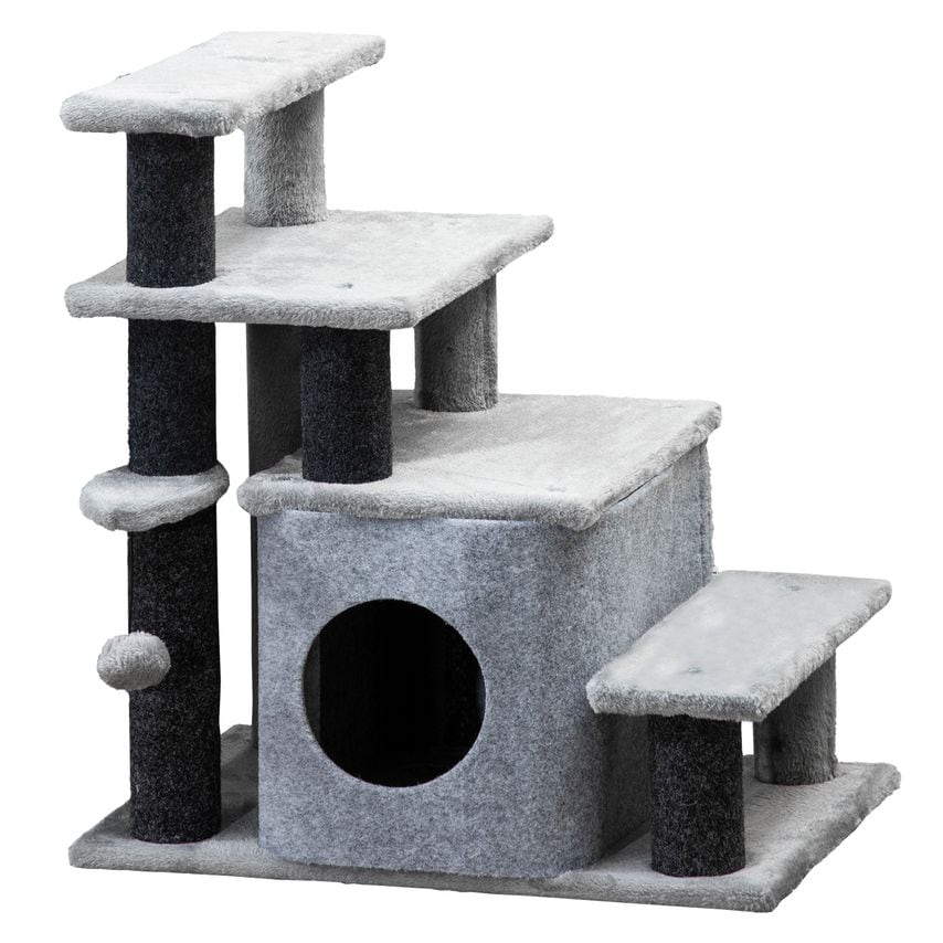 Adjustable Cat Stairs for Bed, Cat House for Sofa W/Hanging Ball - Grey