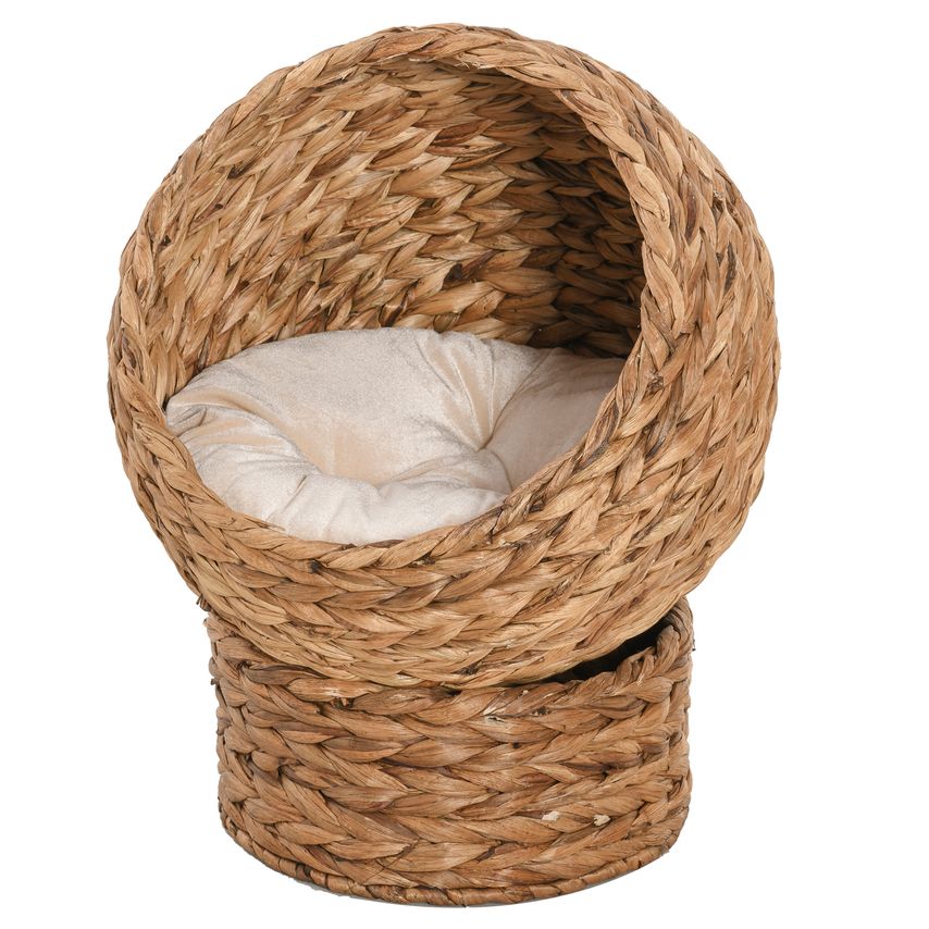 Wicker Cat House, Raised Cat Bed with Cylindrical Base, 50 X 42 X 60 cm - Brown
