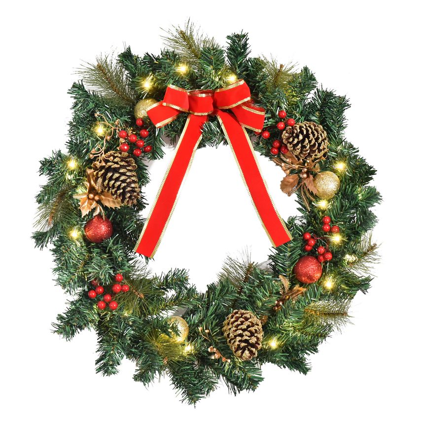HOMCOM Pre-Lit Artificial Christmas Door Wreath Holly Garland Decor Pine Cones 2