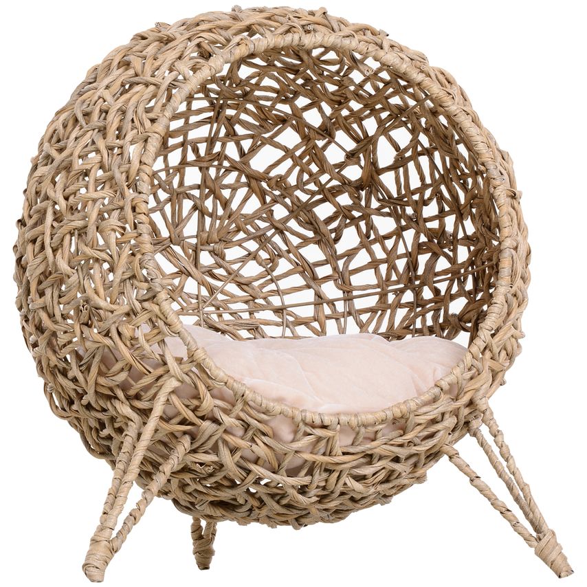 Wicker Cat House, Rattan Elevated Cat Bed W/Cushion - Natural Wood Finish