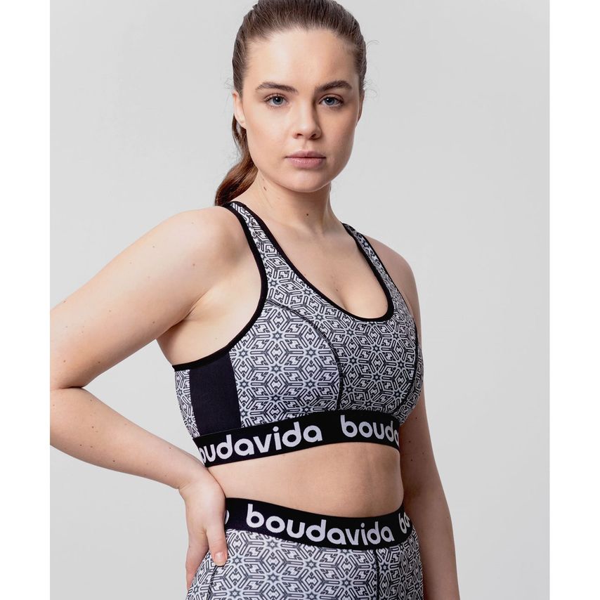 Boudavida Racerback Sports Bra Female Black & White Printed Pattern UK Size 12