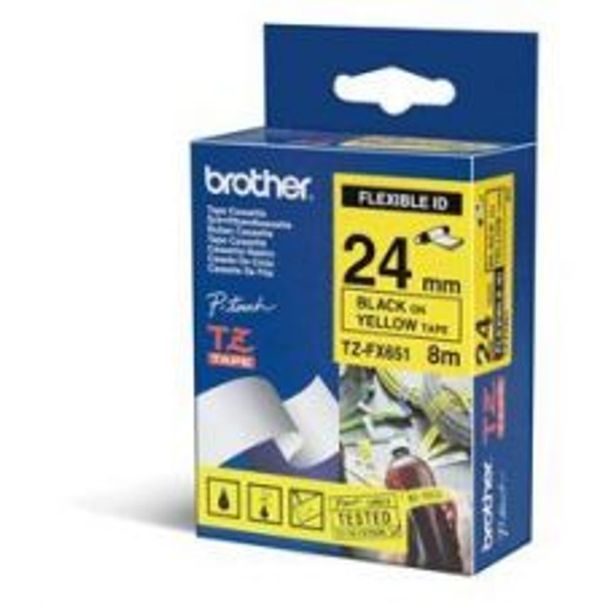 Brother TZEFX651 Black on Yellow 8M X 24mm Flexi Tape