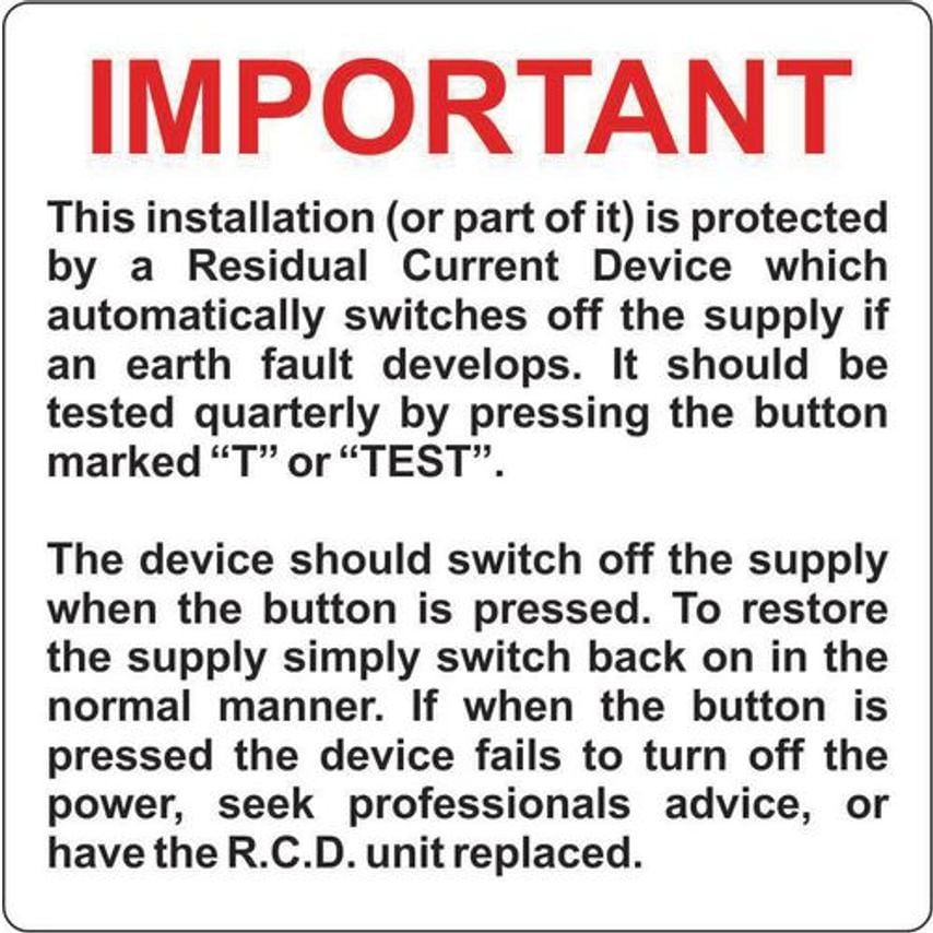 Slingsby Important RCD Test Label Labels 423425