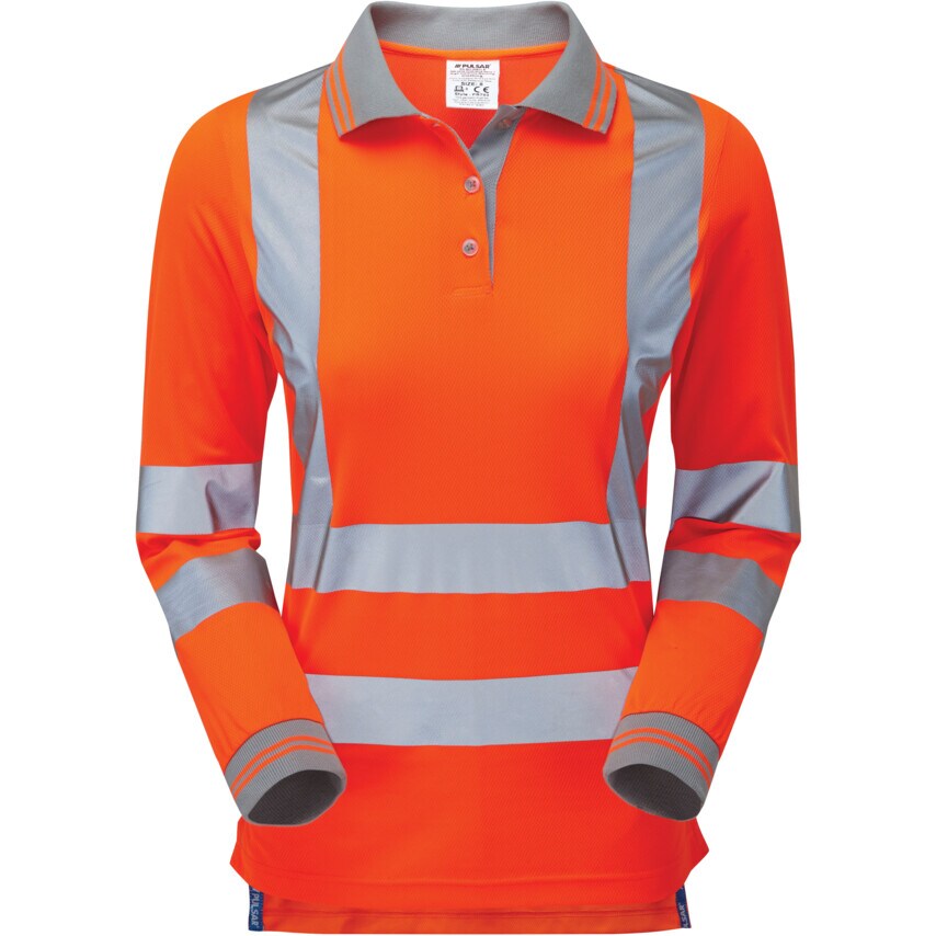 Pulsar Hi-Vis Long Sleeve Polo Shirt, Orange, Rail Spec, Women's Size 14
