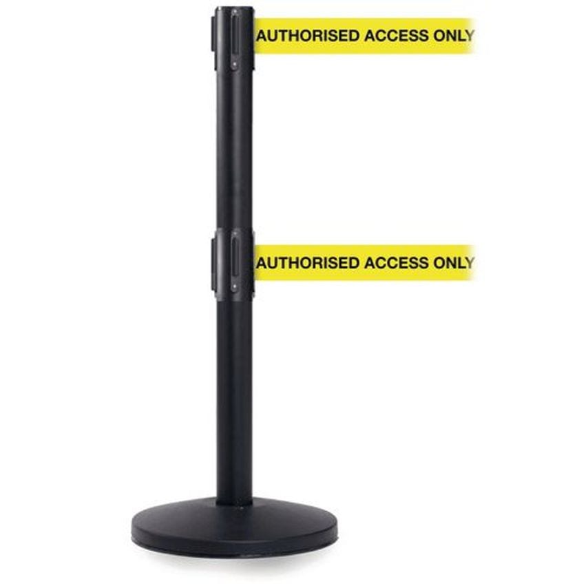 Slingsby Retractable Twin Belt Barrier with Printed Message Post Black Post Belt