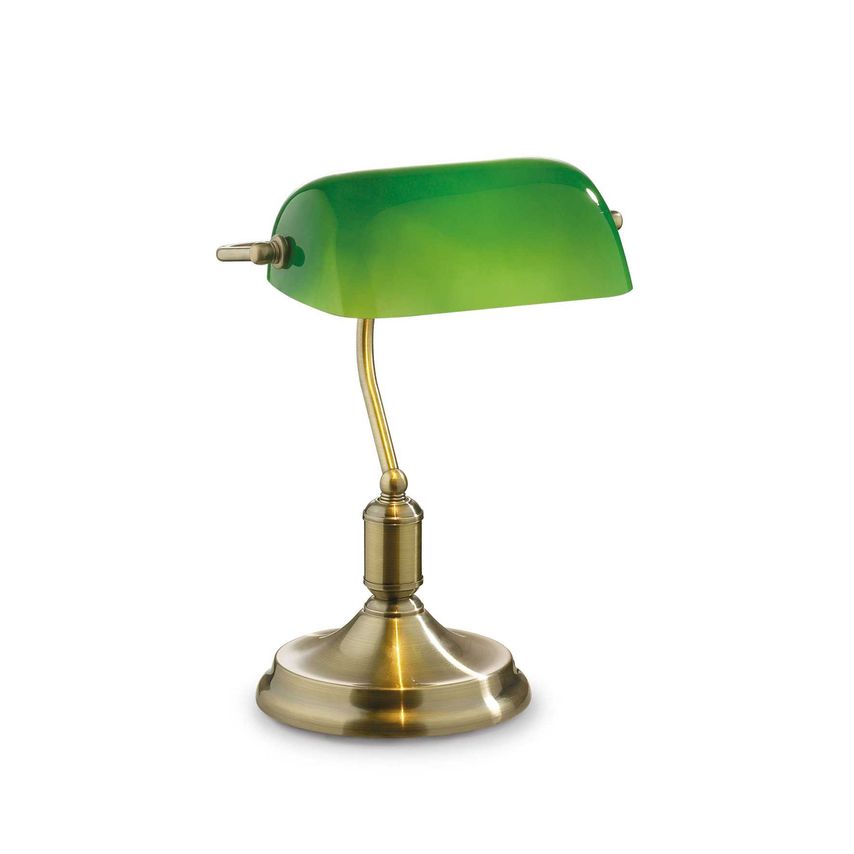 Ideal Lux Lighting Lawyer 1 Light Banker Table Lamp Antique Brass with Green Gla